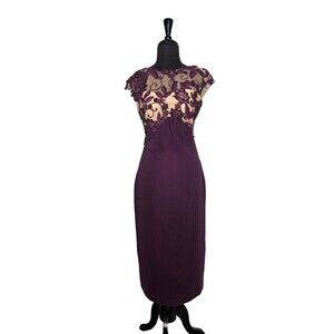 TARIK EDIZ Beaded Mesh Accent Midi Dress EUR 39 US 6 Purple Sheath Short Sleeve
